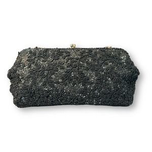 Vintage Black Beaded Bag Purse Clutch Handmade in Hong Kong RARE 50s 60s Retro